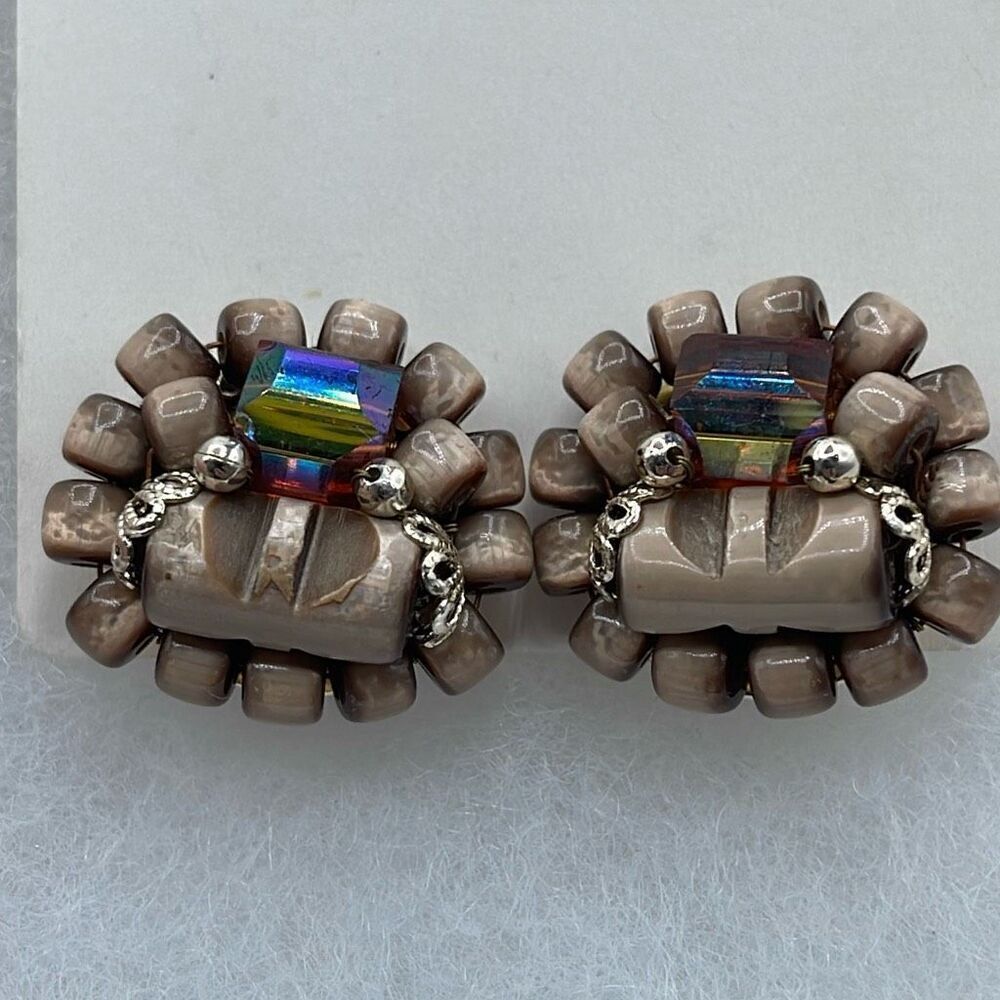 Vintage taupe AB tiger eye button clip earrings .